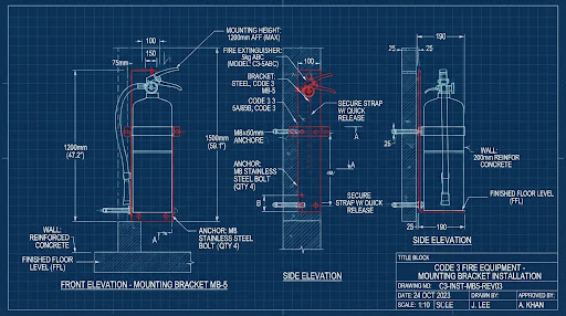 Technical blueprint of Universal Fire Extinguisher Mounting Bracket installation