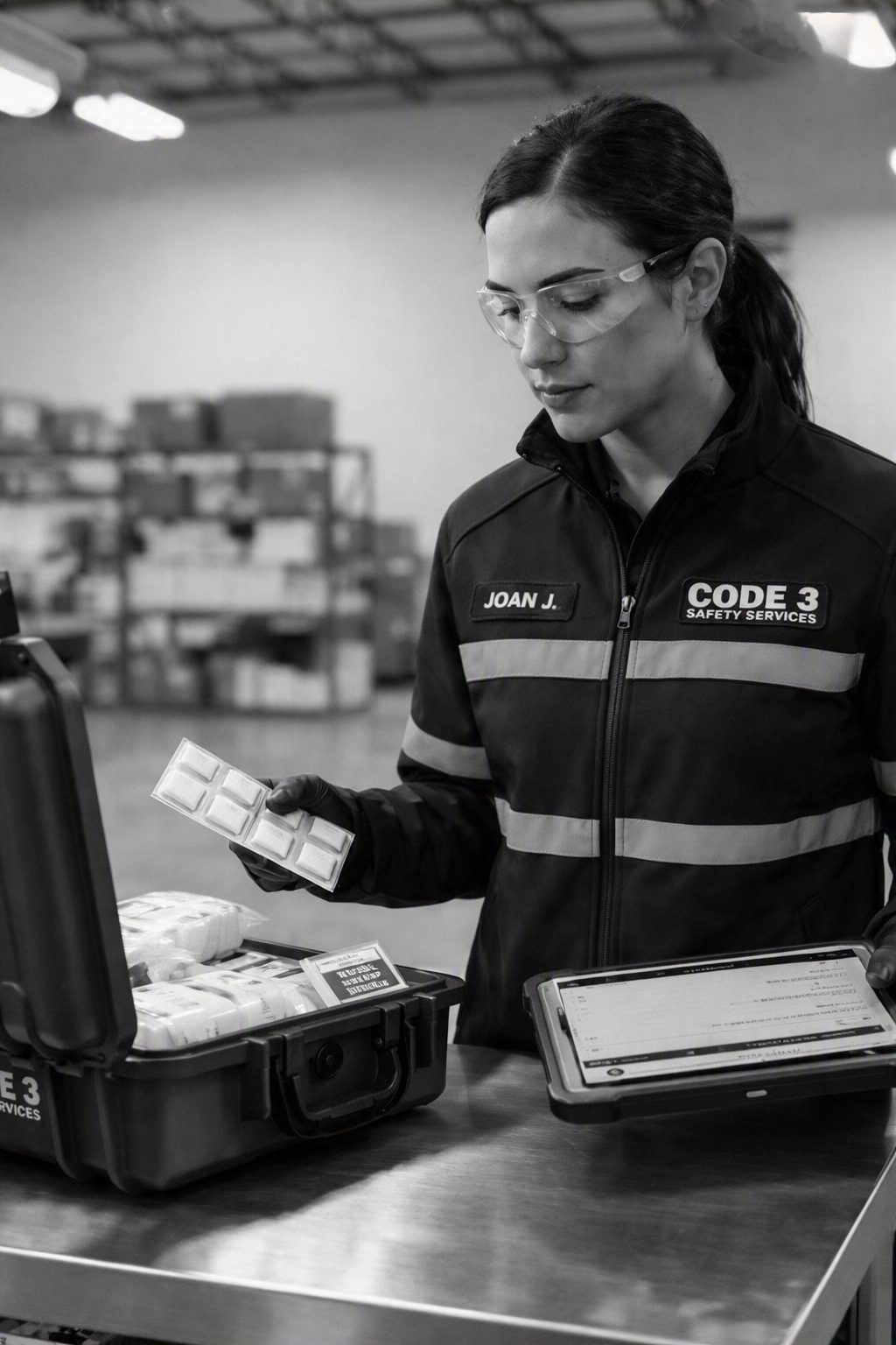 Technician inspecting a first aid kit