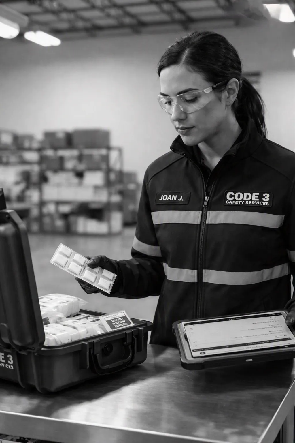 Technician inspecting a first aid kit